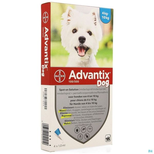 Advantix 100/ 500 Chiens 4<10Kg Fl 4X1,0Ml