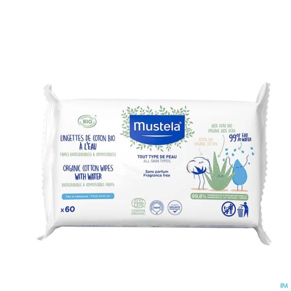 Mustela Bio Lingettes Coton Eau 60